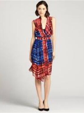 BCBGMaxAzria Red & Blue Tie Dye Shibori Midi Dress